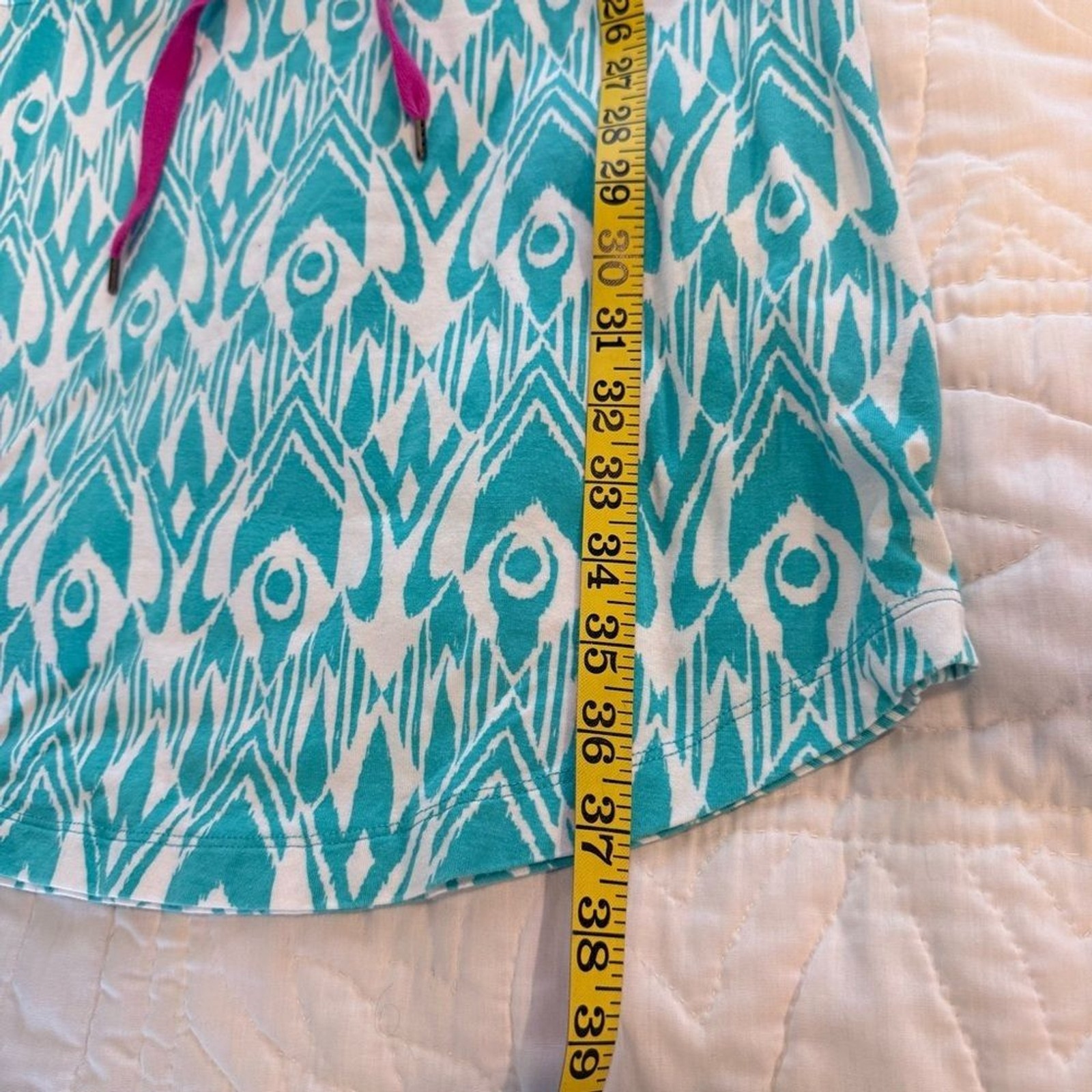 Hatley Teal White Patterned Drop Waist Dress Pink Accent Small