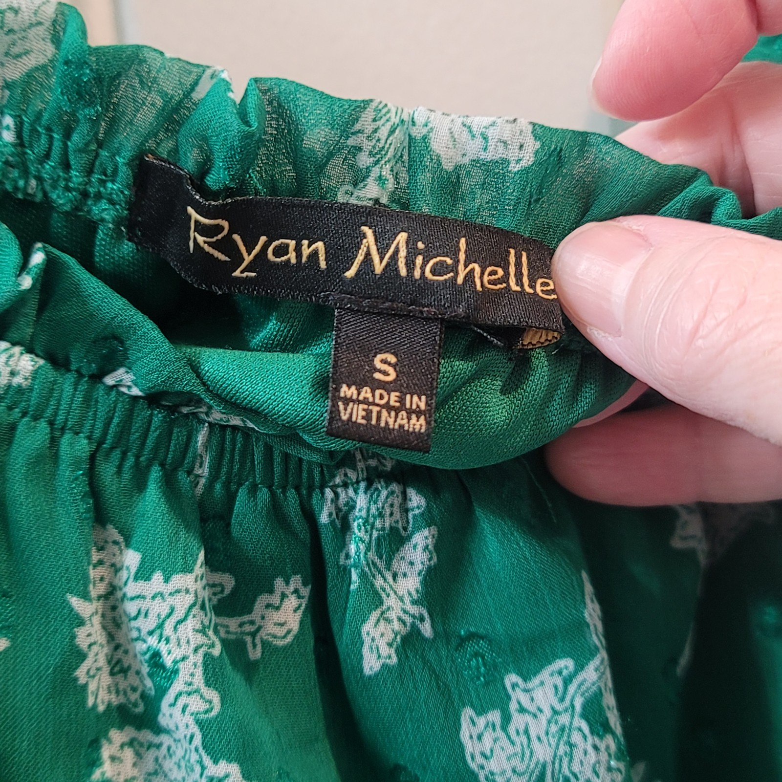 Ryan Michelle Green Midi Floral Peasant Dress, Tiered, Boho, Cottagecore Small