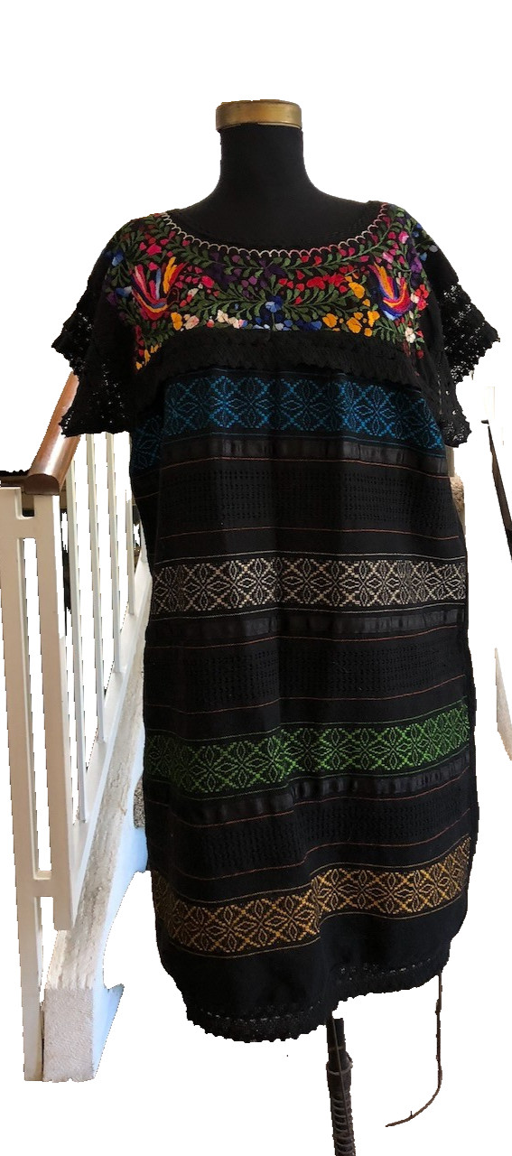 Traditional Woven Cotton Embroidered Bohemian Mexican Peasant Black Dress M-L