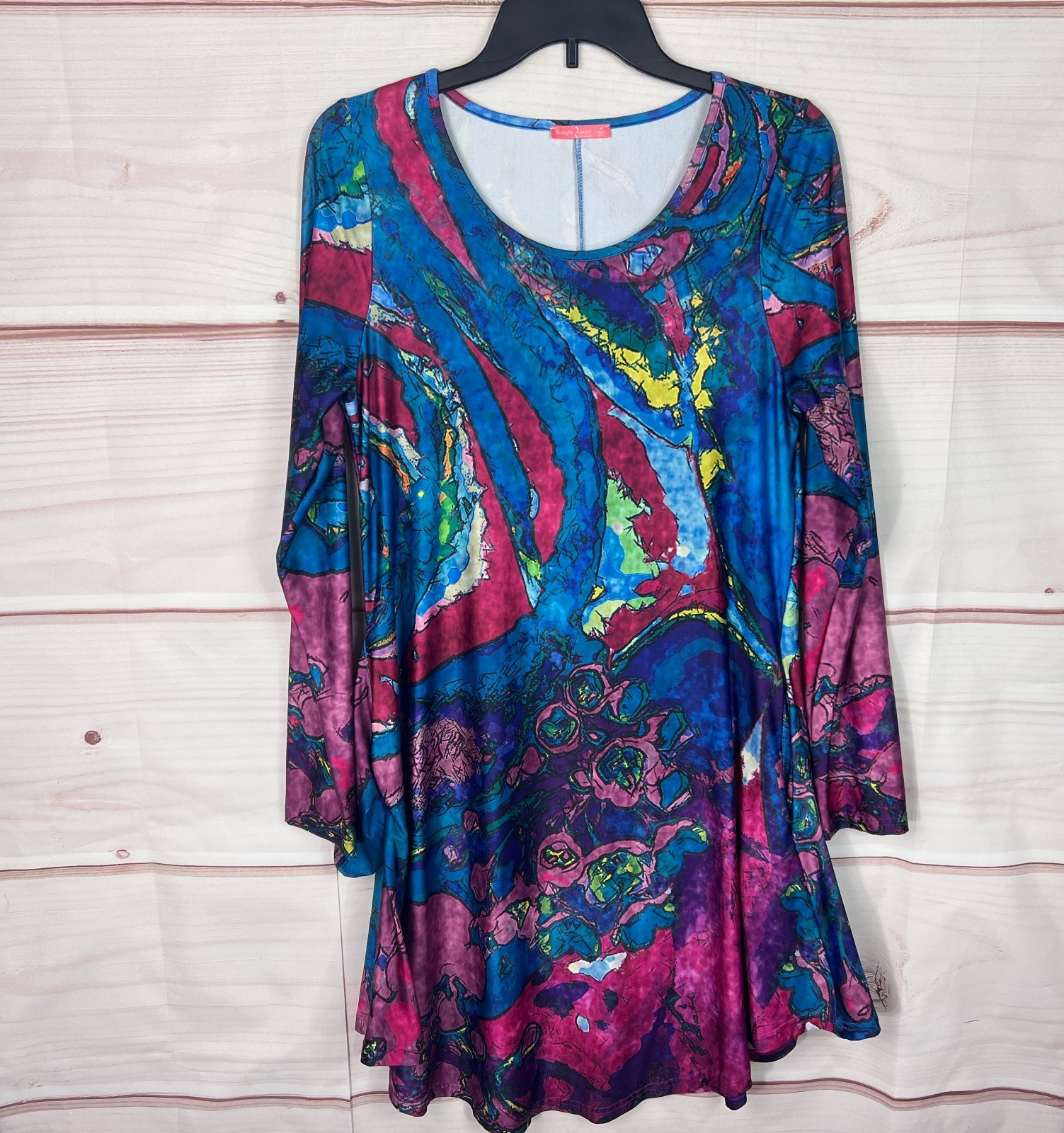 Simply Aster Dress Womens M Blue Pink Artsy Print Long Sleeve Swing Pockets Knit