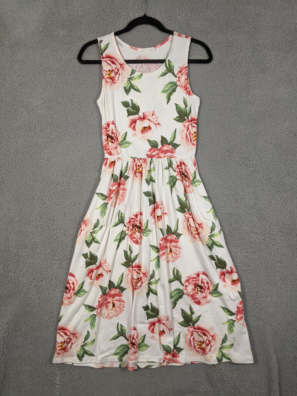 Reb & J. Midi Dress Sz S Pink White Floral Stretch Pleated Cottagecore Romantic