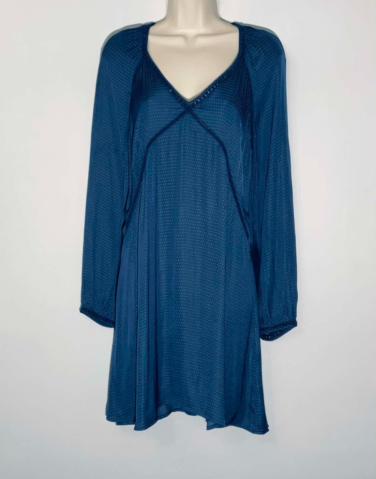 Hinge Teal Blue Dobby Dot V-Neck Long Sleeve Tunic Mini Dress Women Size M Boho