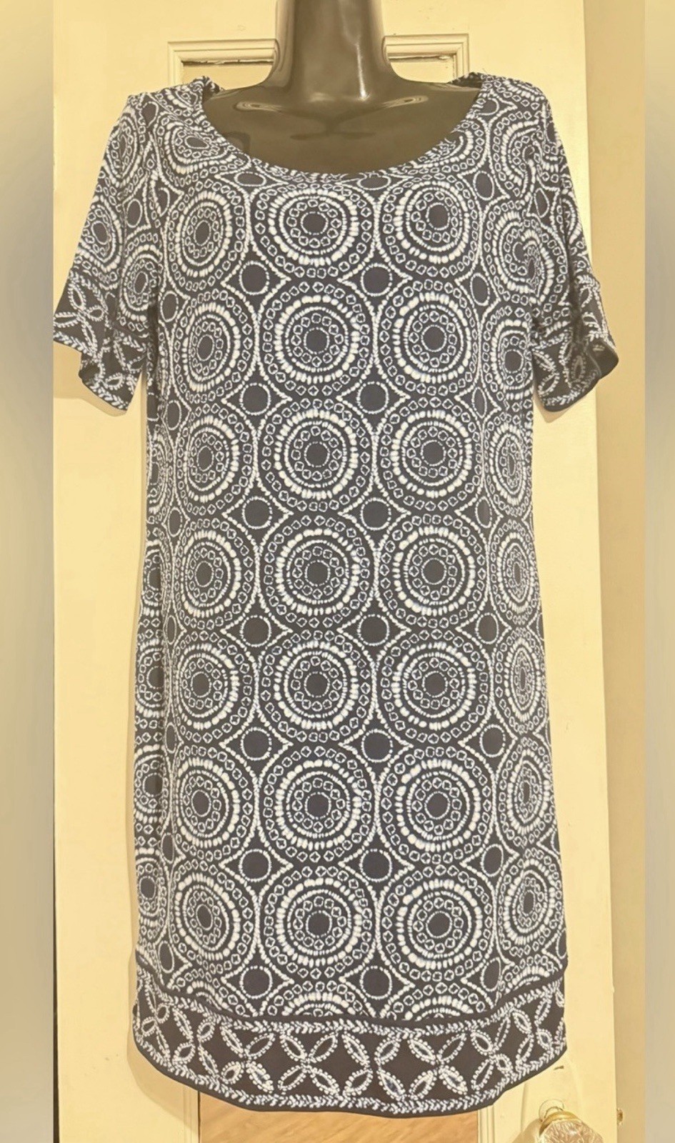 Michael Kors Navy White Geometric Jersey Shift Dress S Scoop Neck Short Sleeve