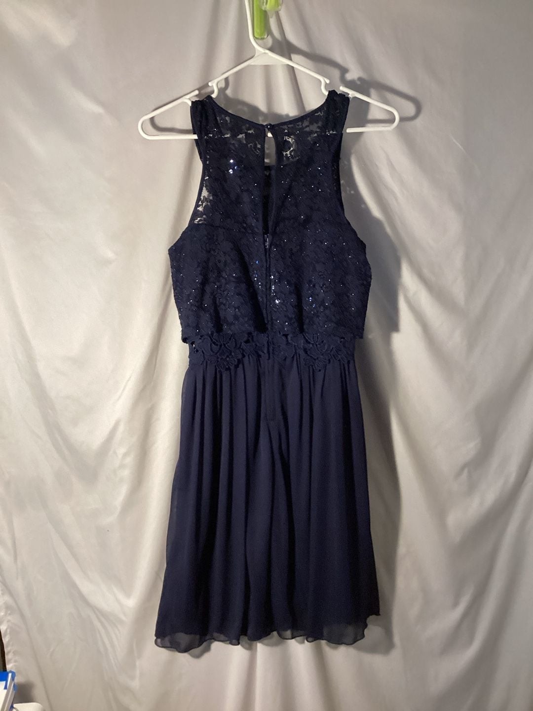 BCX Dress Sleeveless Navy Blue Lace Bodice with Sequins and Chiffon Skirt
