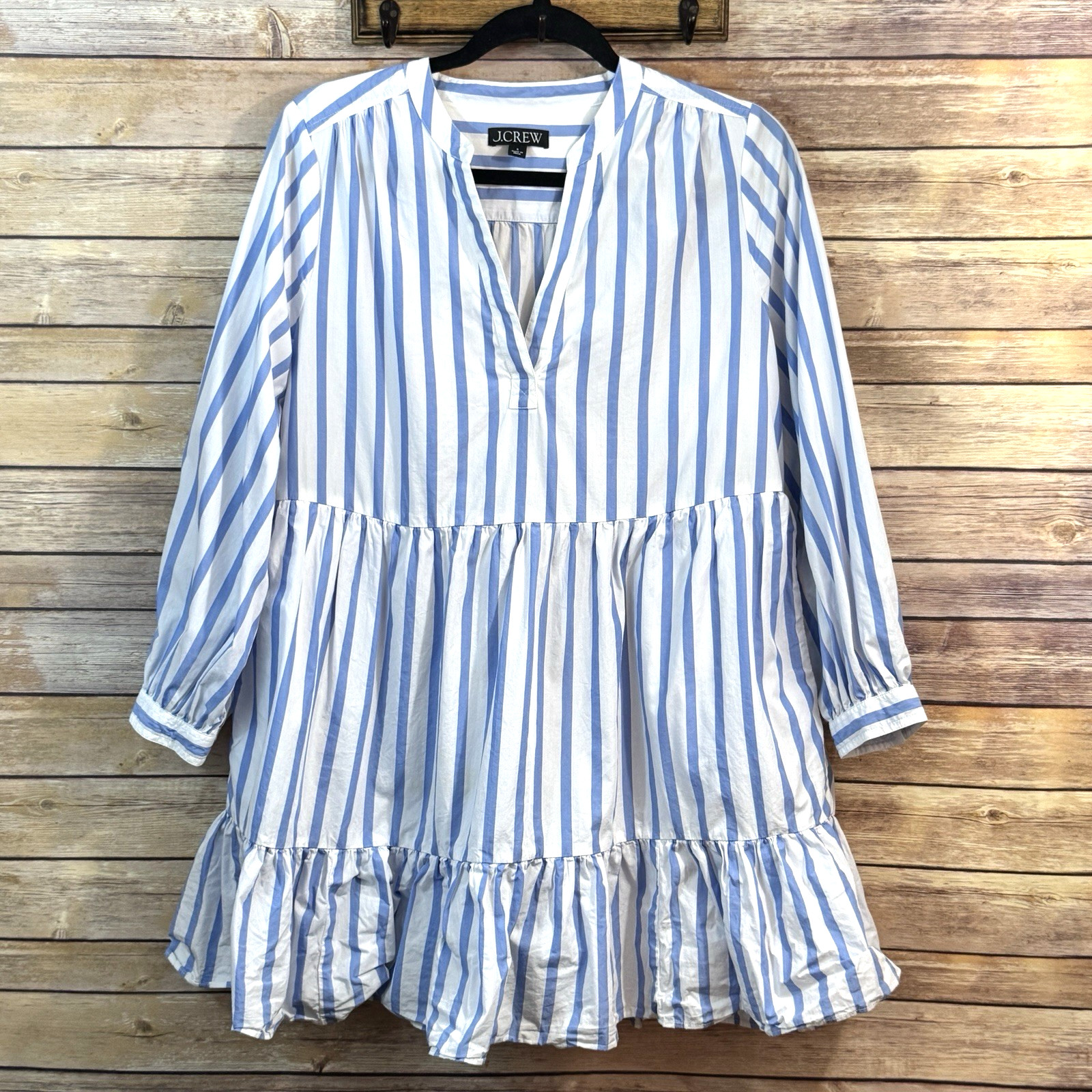 J.Crew Womens Blue White Vertical Stripe Tiered LS Poplin Mini Dress Nautical S