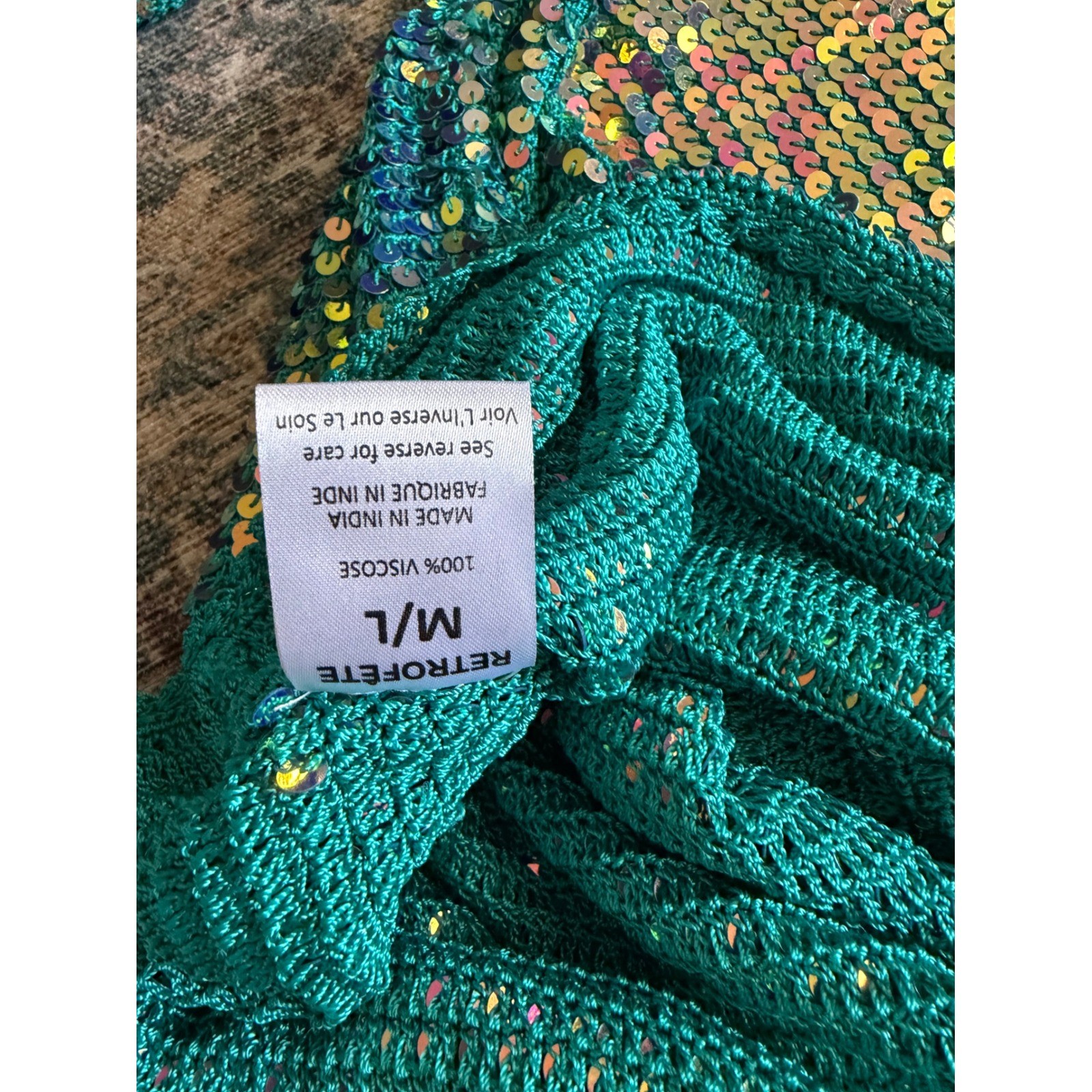 Retrofête Teal Sequin Crochet Mini Dress Open Back Iridescent Green M/L