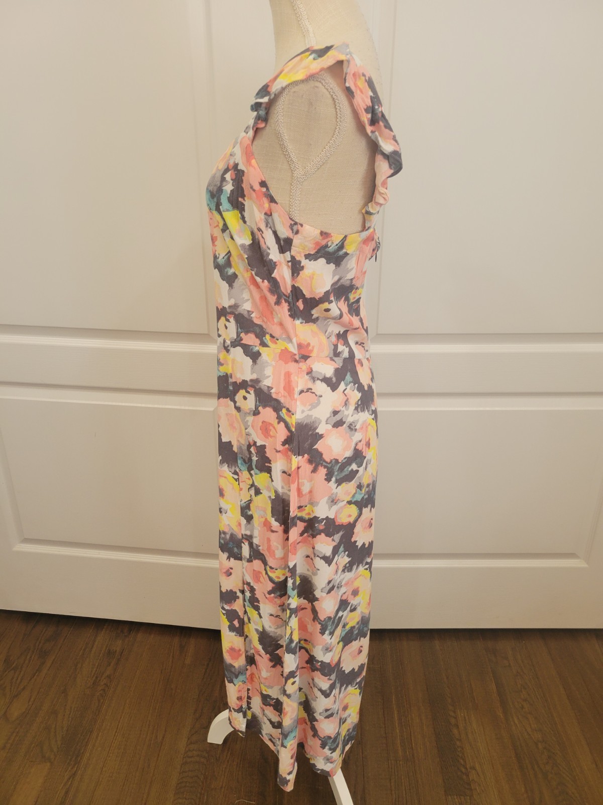 Gray Pink Floral Midi Dress Sleeveless Empire Waist Slit Lined Loft 8