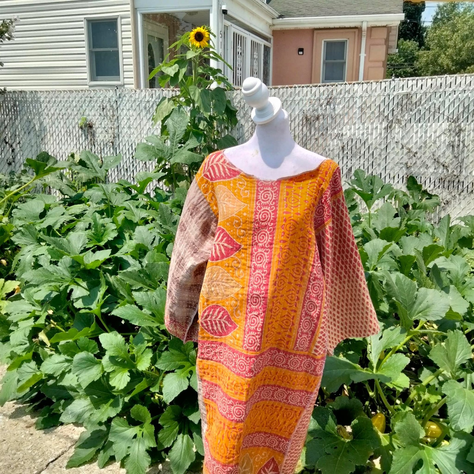 Handmade KANTHA Lounge Tunic Style Dress Free Size Boho Green Sunflower Print