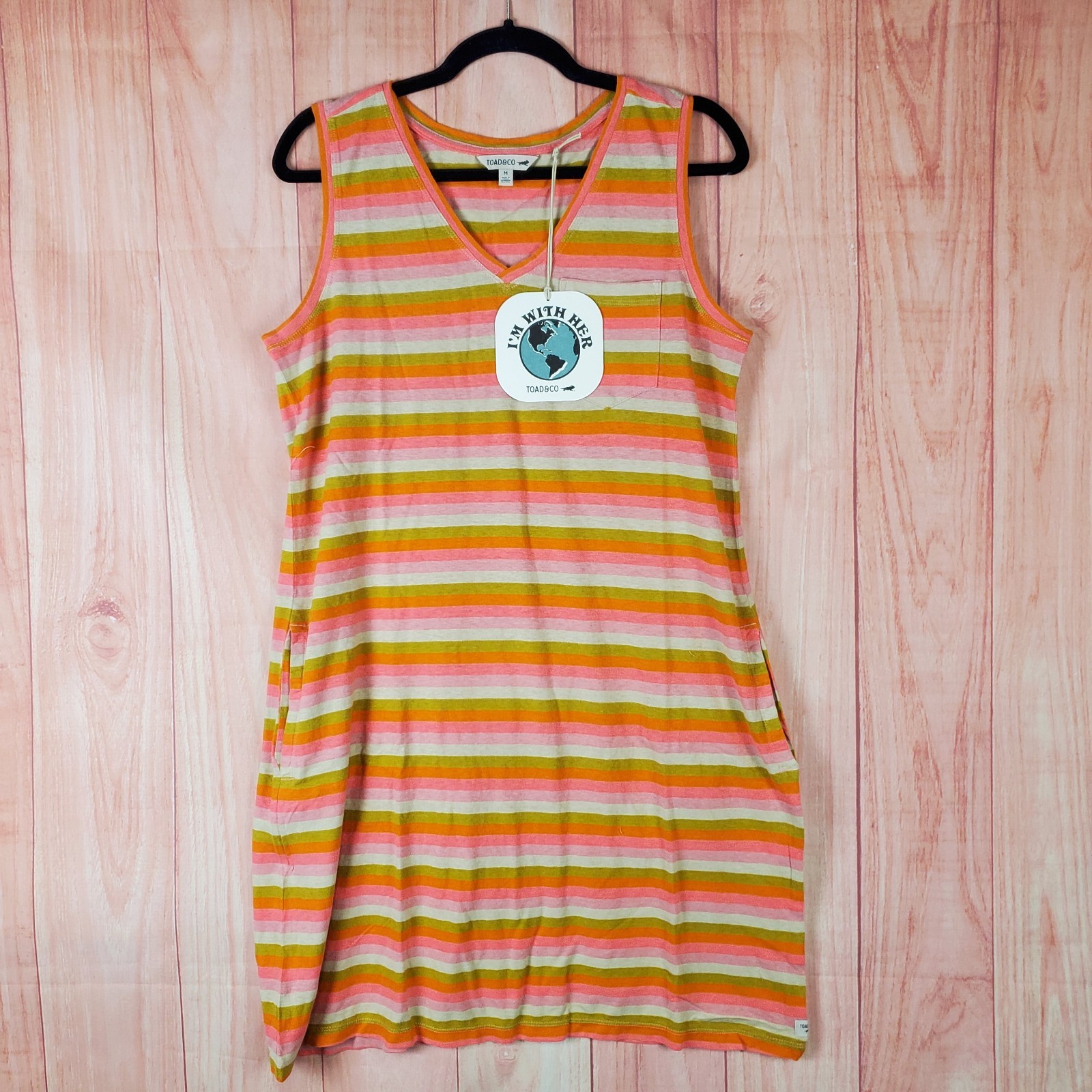 Toad & Co Grom Tank Dress Womens Medium Multicolor Hemp Striped Pockets V Neck