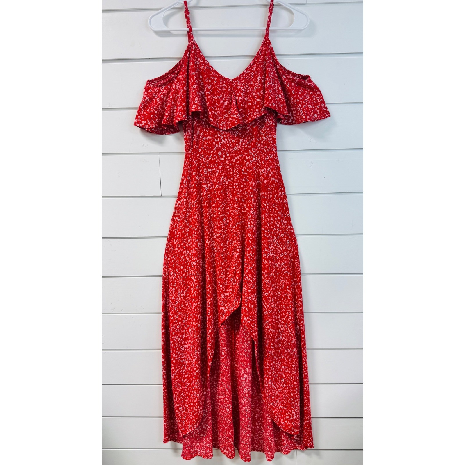 Rewind Red Floral High-Low Dress Cold Shoulder Ruffle V-Neck Womens Small