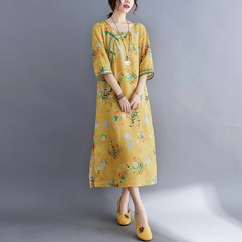 Women Linen Cotton Floral Dress 3/4 Sleeve Ethnic Chinese Cheongsam Qipao Casual