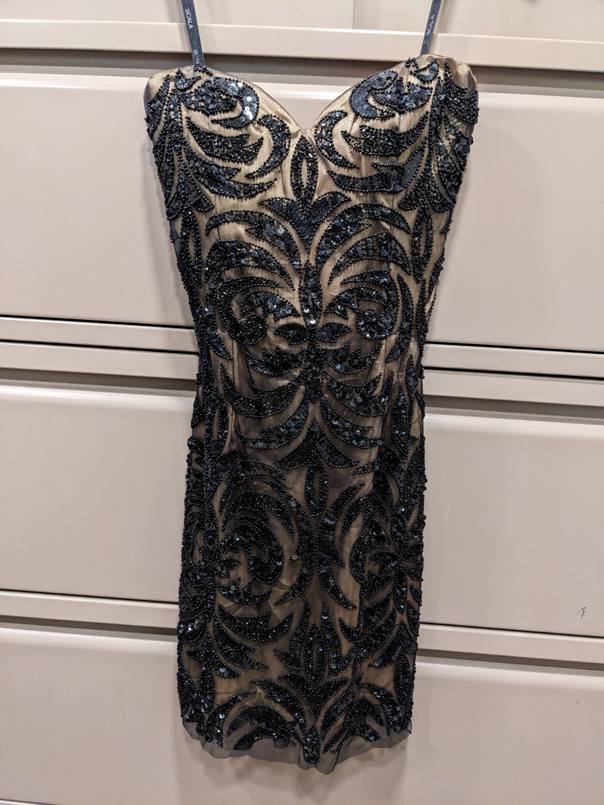 Scala Sequin Silk Beaded Mini Dress Sz 8 Strapless Sweetheart Neckline Black