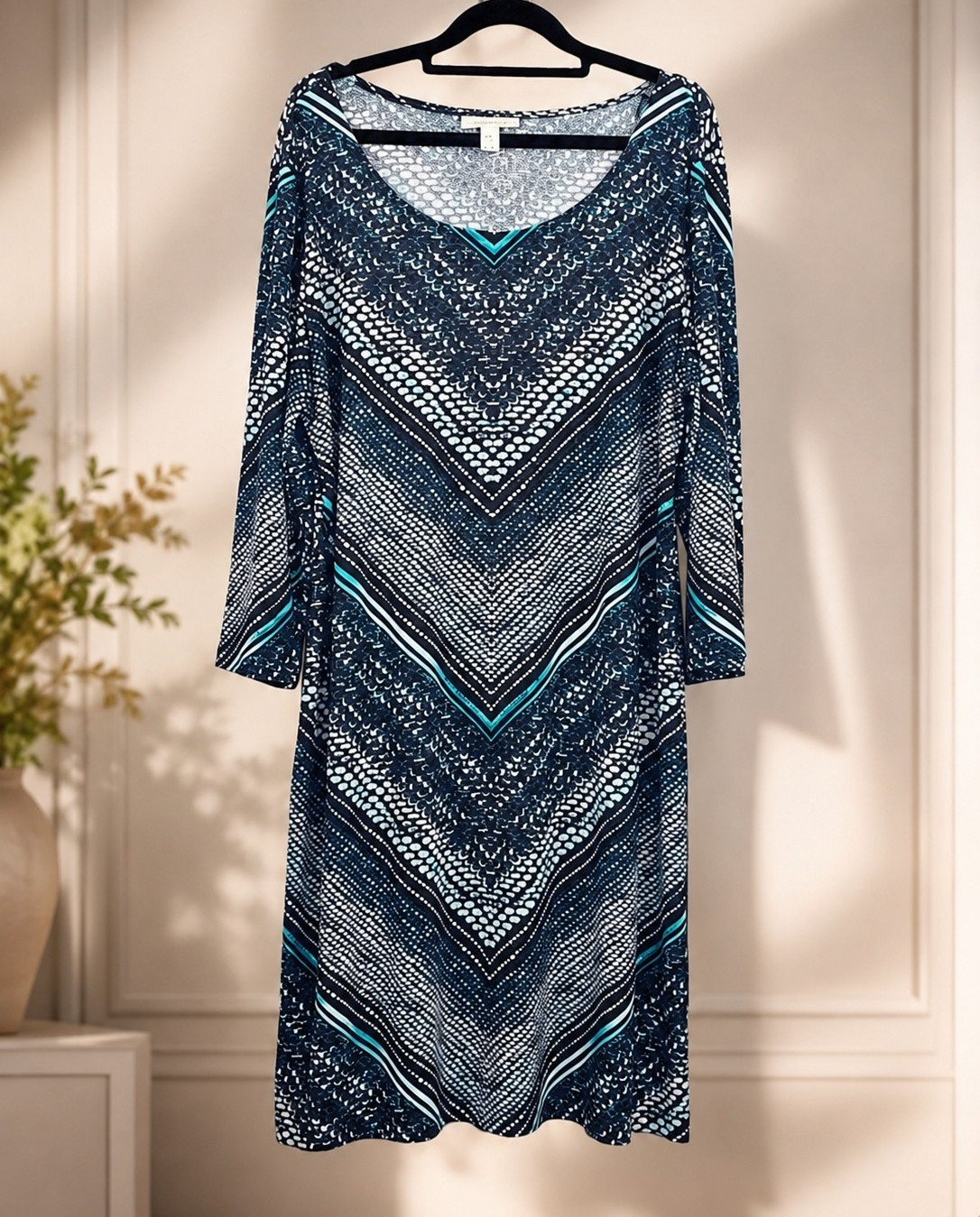 Dana Buchman XL Black/White/Teal Chevron Knit Shift Dress 3/4 Scoop Stretch