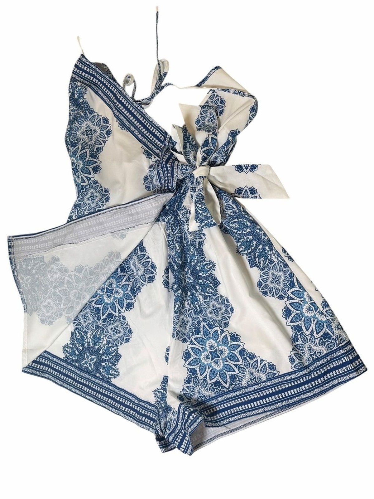 Source Unknown White & Blue Halter Wrap Mini Dress
