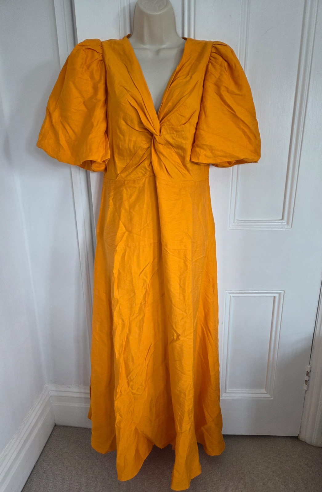 Sandro RAMBLA Puff sleeve twist front tangerine midi dress . Size 40. BNWT £299