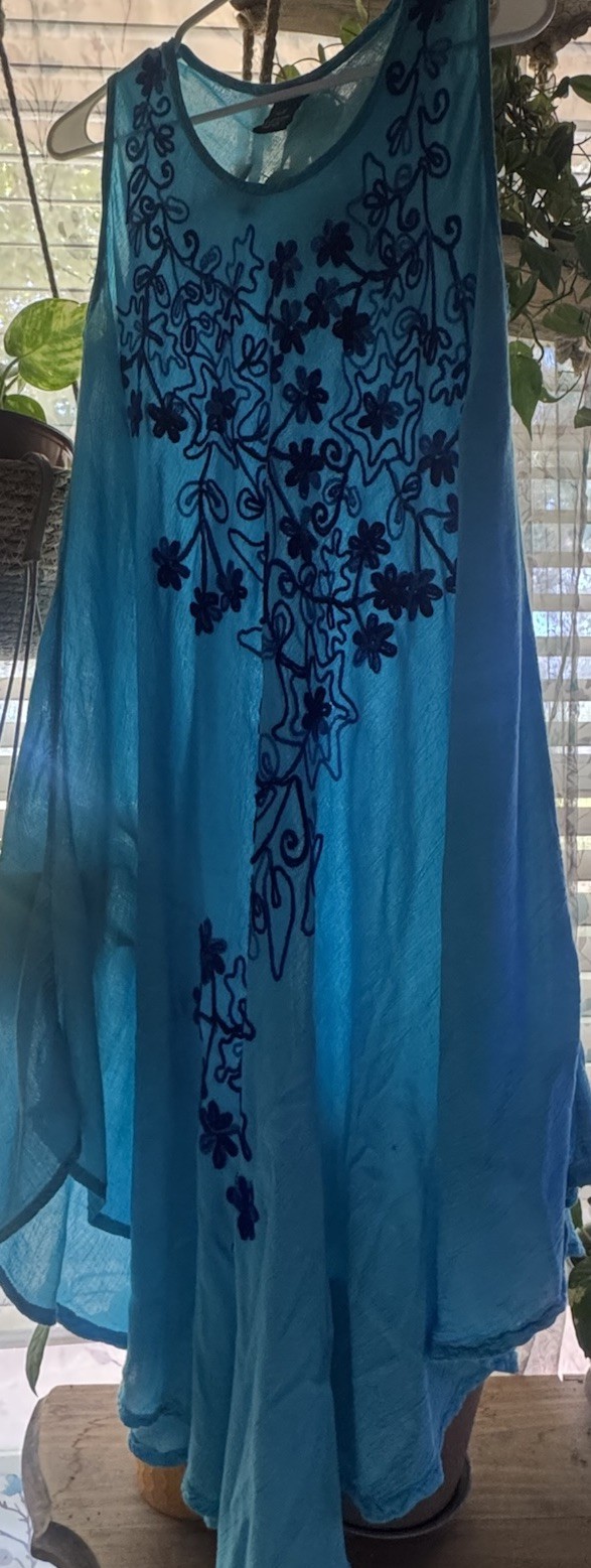 Beach Boho Embroidered Sheer Tunic Dress Blue Floral Handkerchief Hem One Size