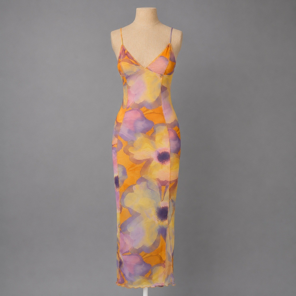 Psychedelic Floral Mesh Maxi Dress Size XS Orange Babydoll Vacation Resort Club