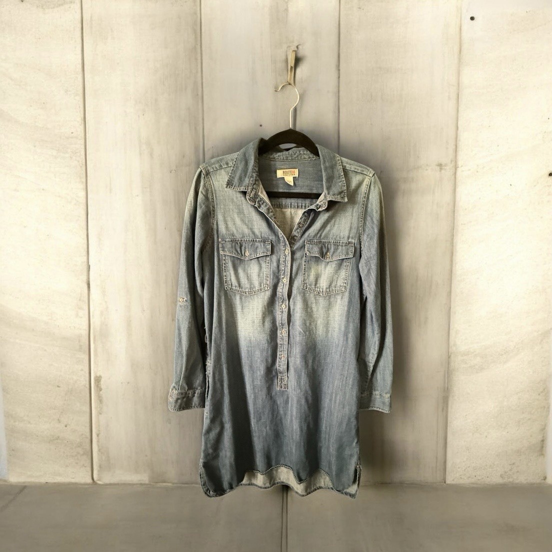 Route 66 Blue Denim Shirt Dress M Long Sleeve Collared Pockets Knee Length