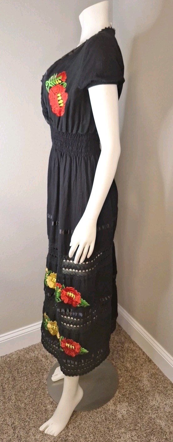 Black Long Mexican Dress Embroidered Colorful Flowers Size S Lace Trim Mexico