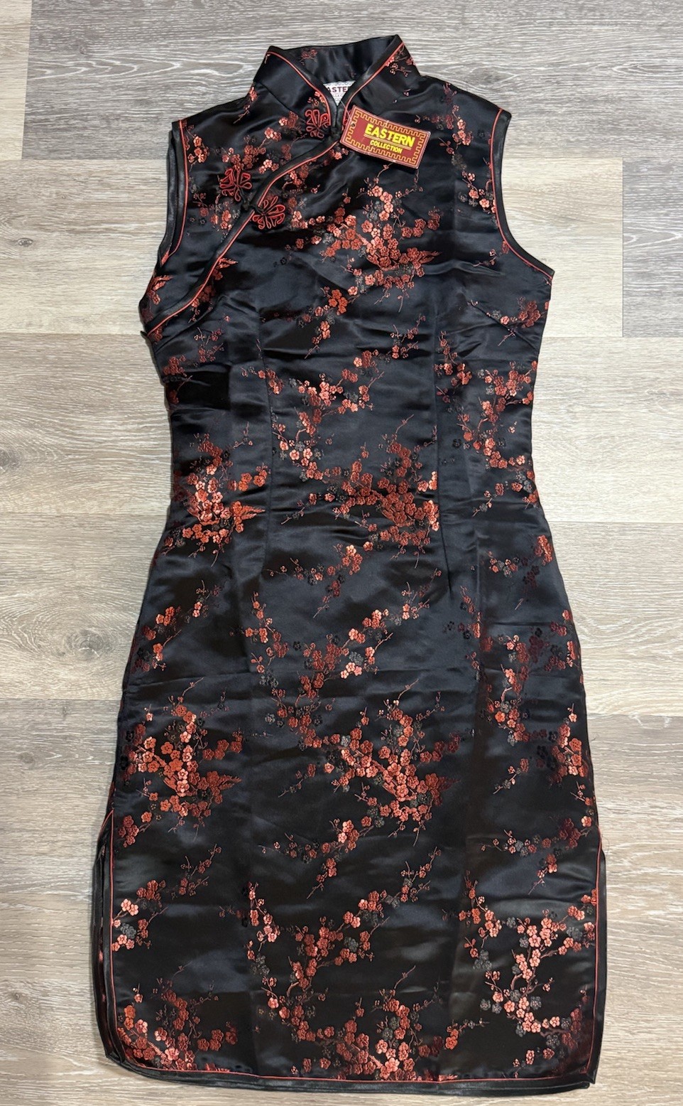 Women’s Chinese Floral Silk Short Cheongsam Black Red Cherry Blossoms Sz Small