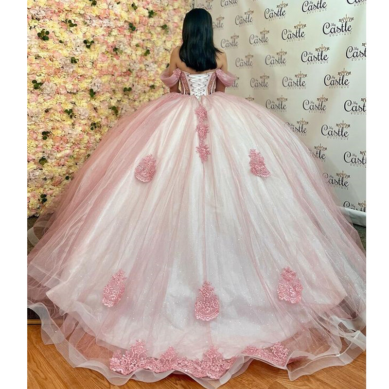 Blush Off Shoulder Sheer Corset 3D Floral Quinceanera Ball Gown Sweet 16 Dress
