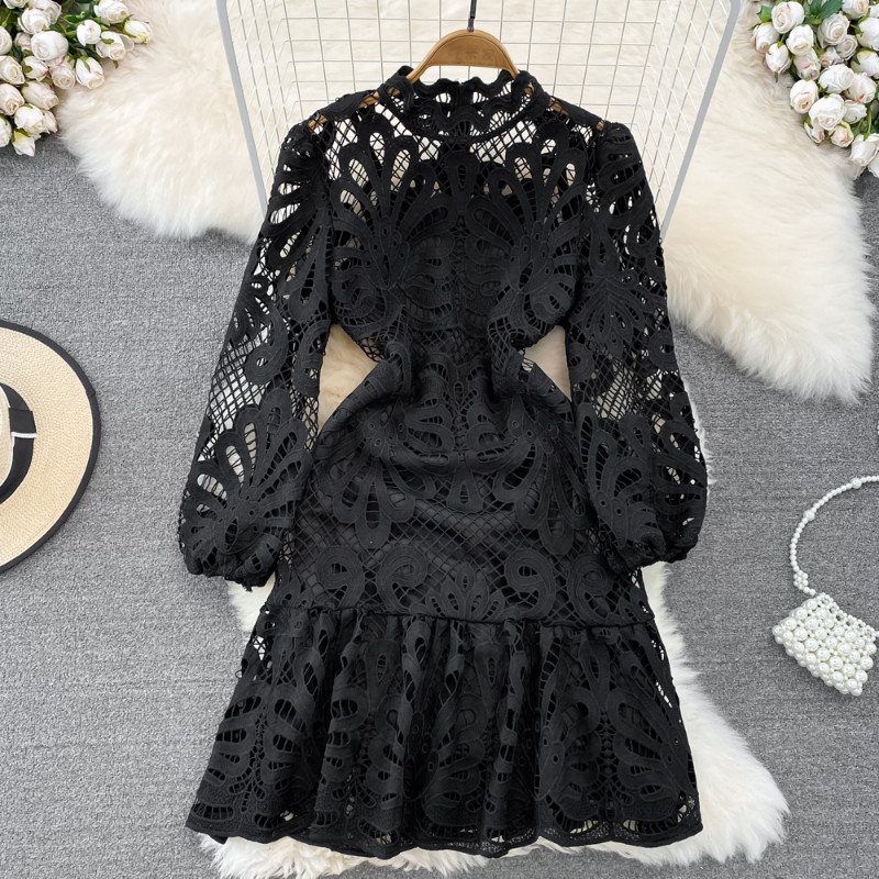 Women Puff Long Sleeve Ruffle Lace Midi Dress Hollow Out Retro Elegant New Dress