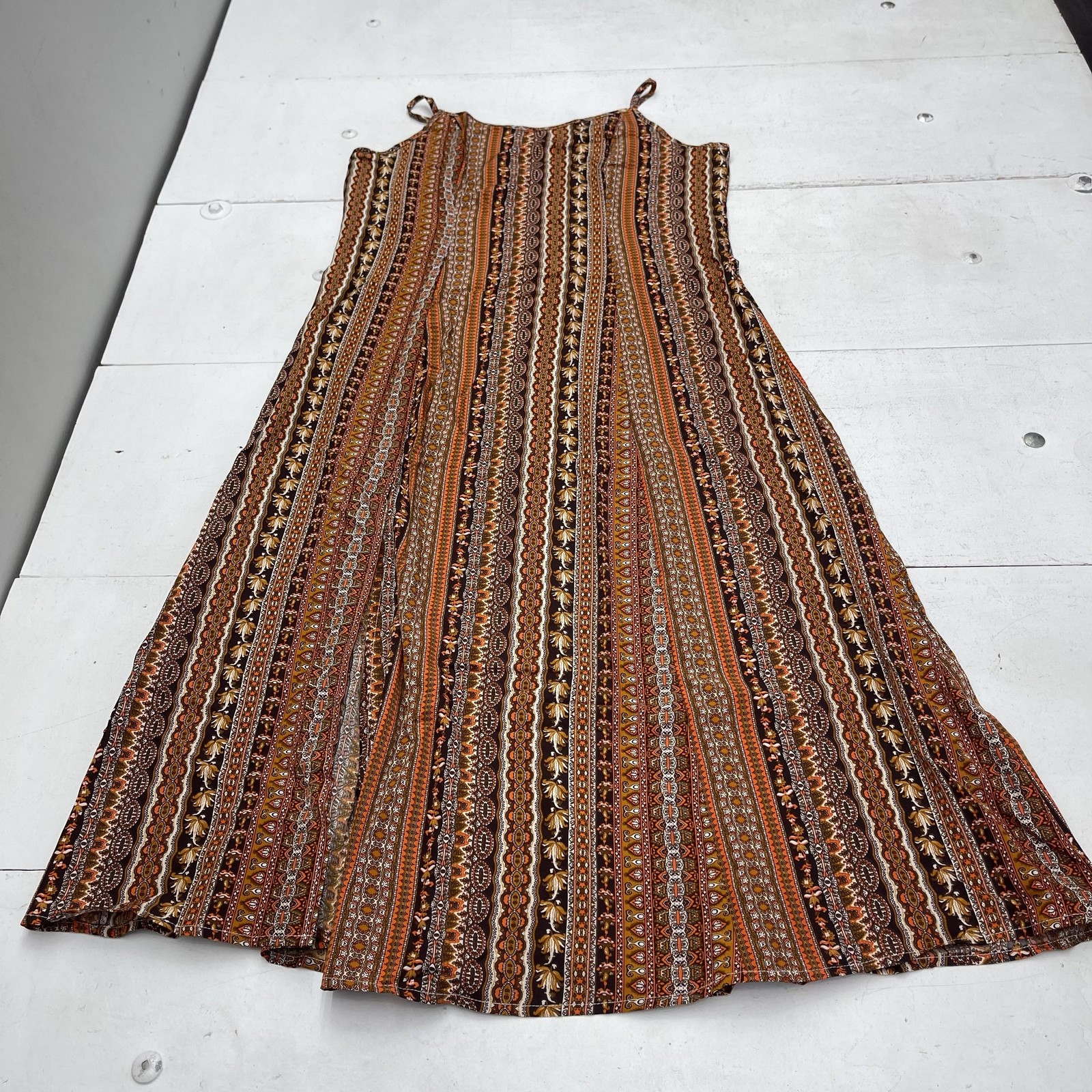 SHEIN Dress Womens XL Brown Boho Paisley Stripe Sundress Spaghetti Strap Midi