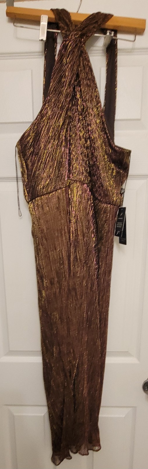 Adrianna Papell Copper Halter Pleated Metallic Chiffon Midi Dress Lined 14