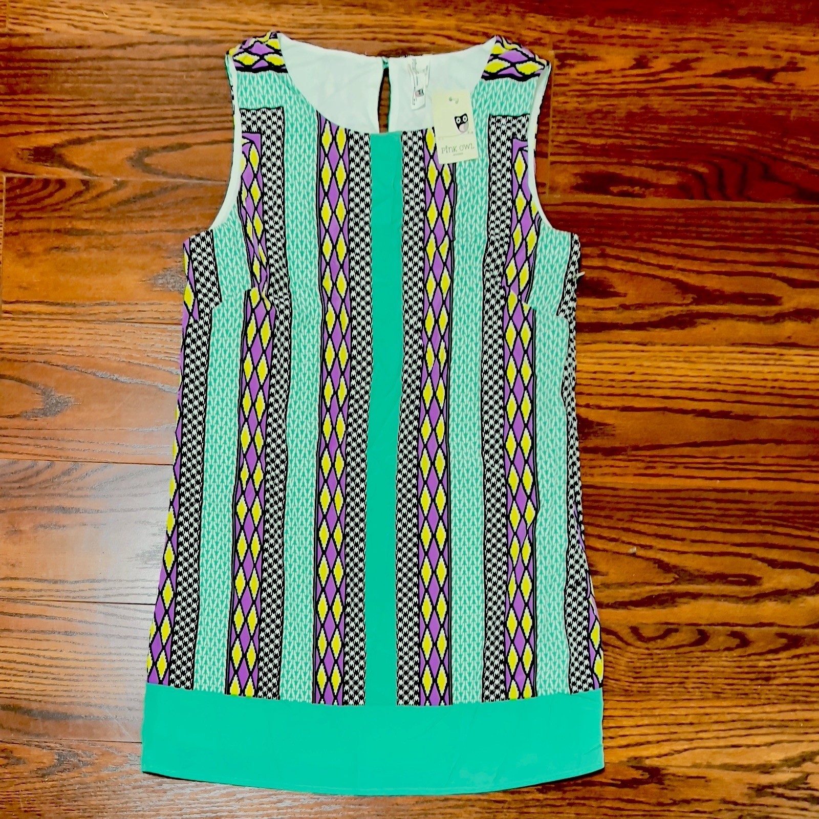 Pink Owl Shift Dress Womens M Green Purple NWT Geometric Houndstooth Sleeveless