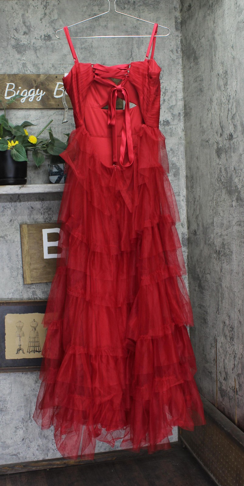 Blondie Nites Juniors Mesh Tiered Spaghetti Strap Gown Dress 4637BN Red 15