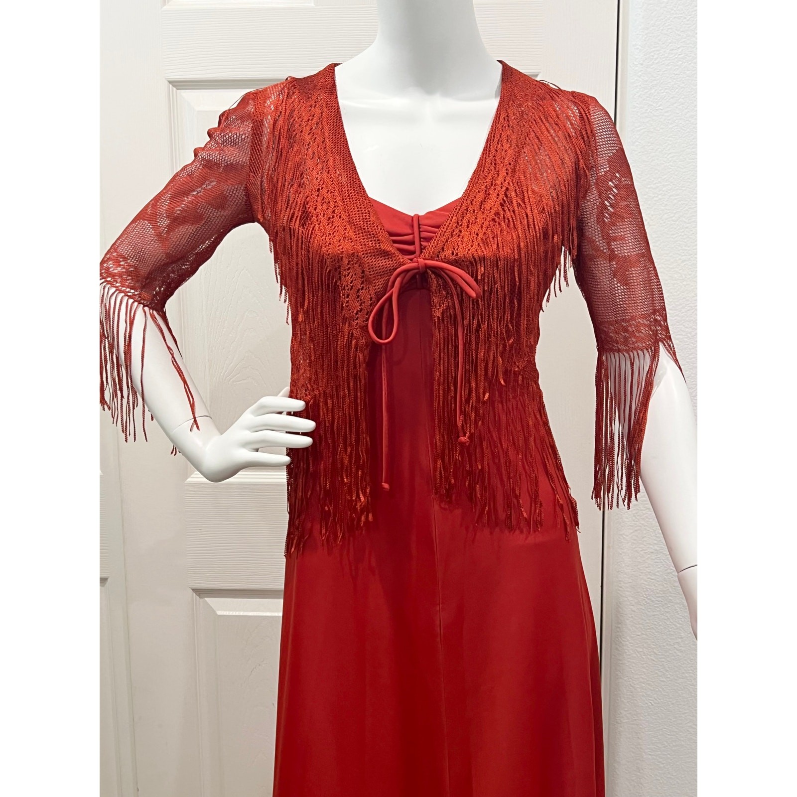 vintage 70s rust disco 1970s fringe dress strappy polyester evening dress Small