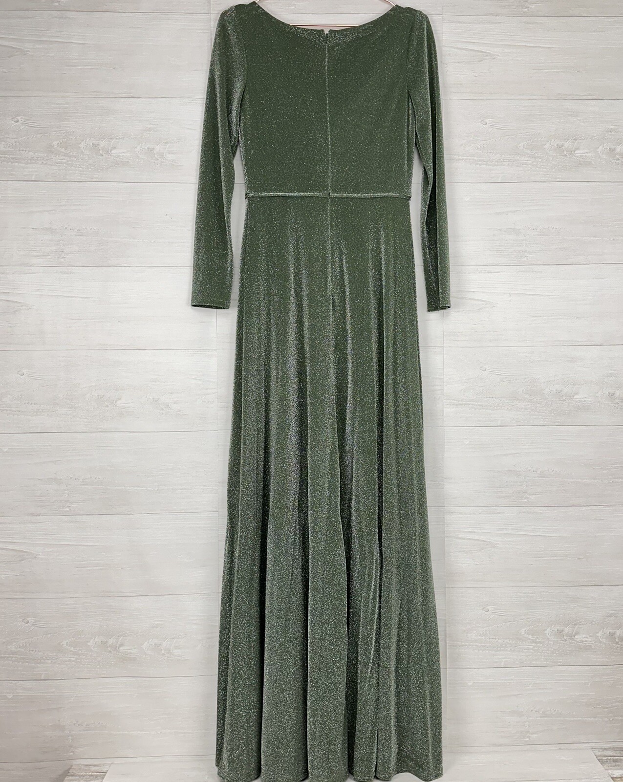 Mac Duggal Ieena Evening Gown Size 6 Long Sleeve Faux Wrap Jade Green Sparkly