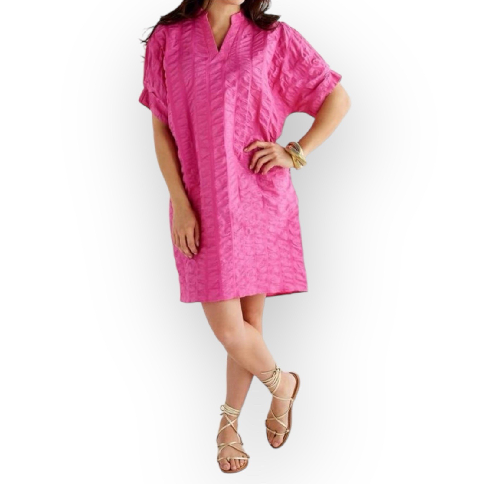 Caryn Lawn Caroline Dress In Rose Pink Poplin Cotton Shirt Dress One Size NWT