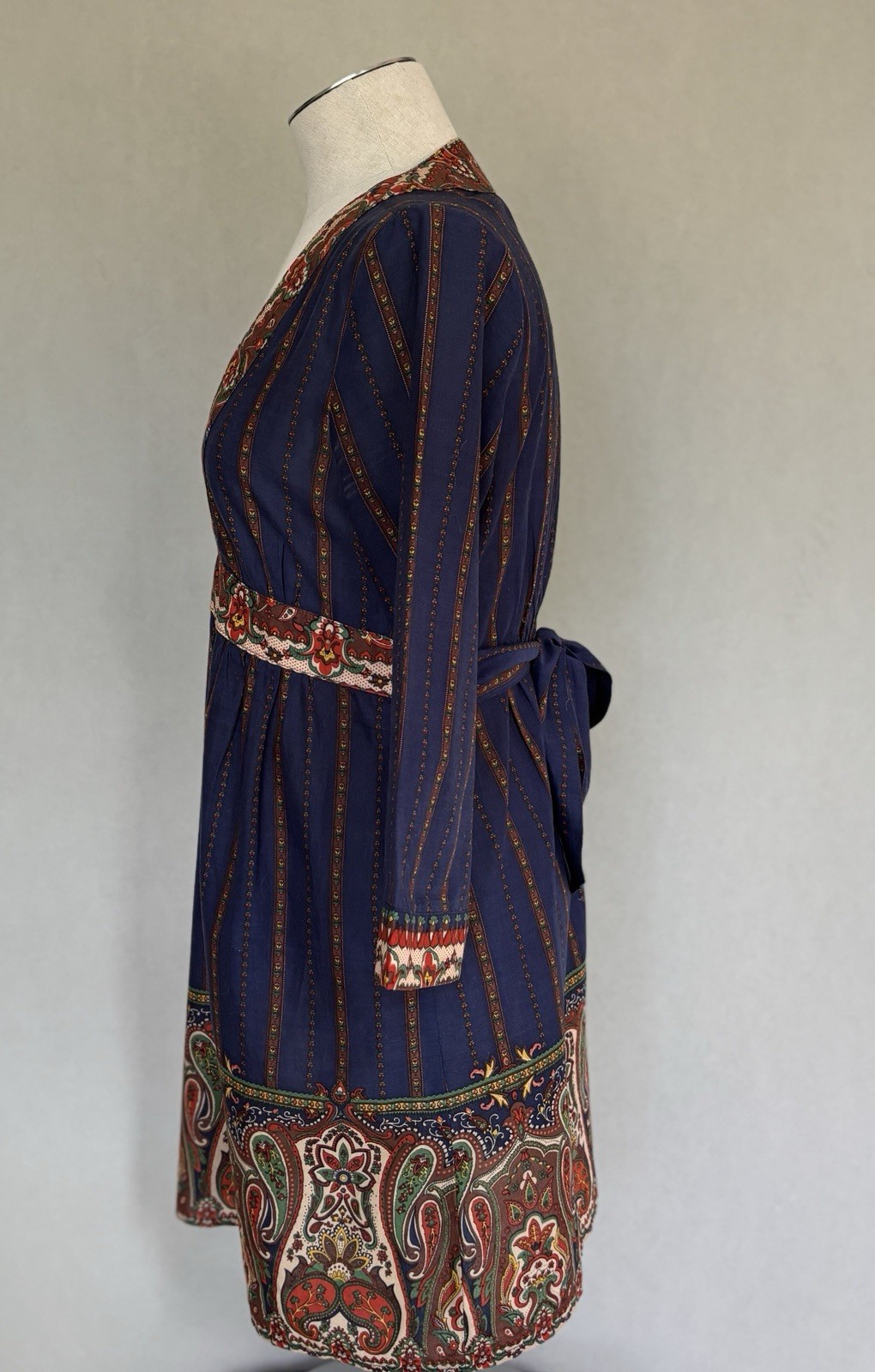 Le Lis Blanc Womens M Boho Mini Dress Paisley Print Tie Waist Bell Sleeve Cotton