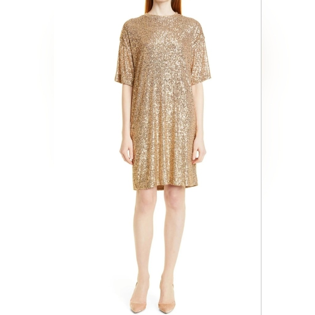 NWT Boss by Hugo Boss C Esenni Gold Sequin Mini Shift Dress Women’s Size Small