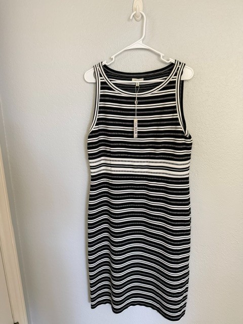 Max Studio Black White Dress XL Textured Braided Yarn Stripes Stretch Cotton