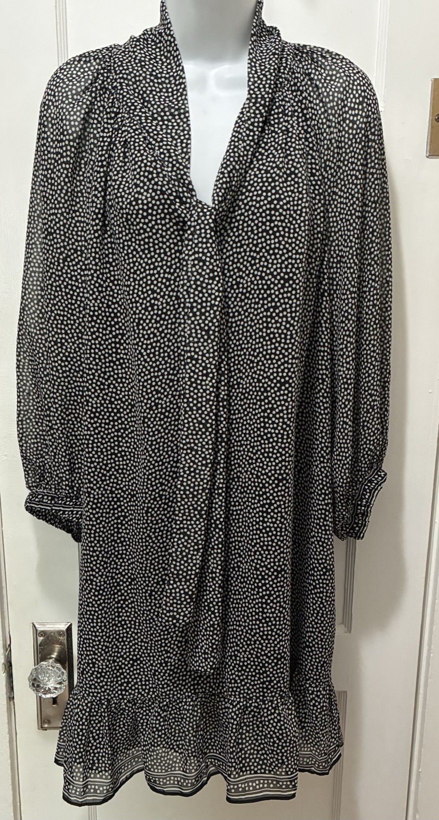 MAX STUDIO Pussy Bow Polka Dot Babydoll Swing Black Bohemian Shift Lined Dress M