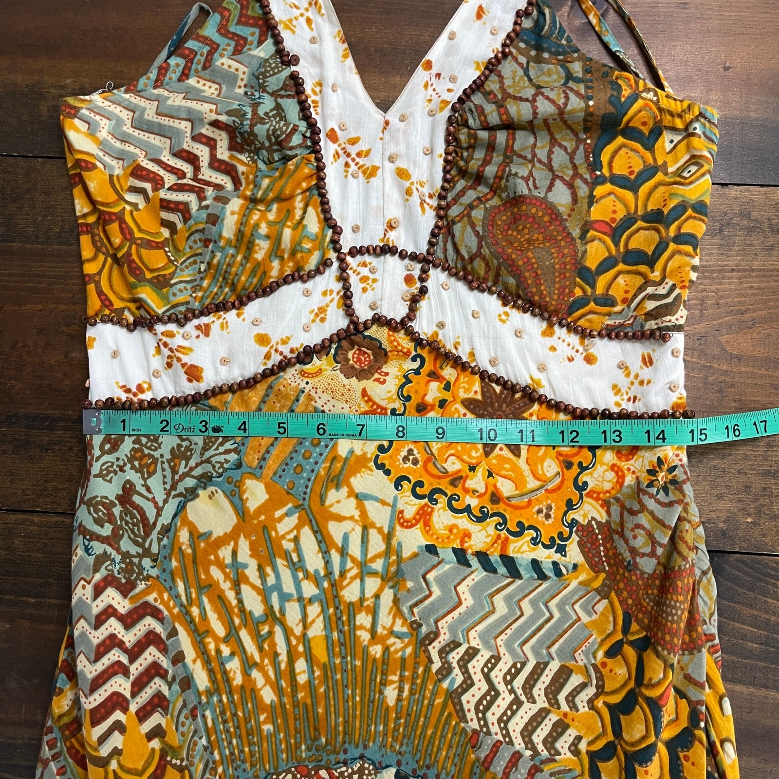 Alberto Makali Halter Cotton Brown Yellow Printed Beaded Boho Dress Women’s 8