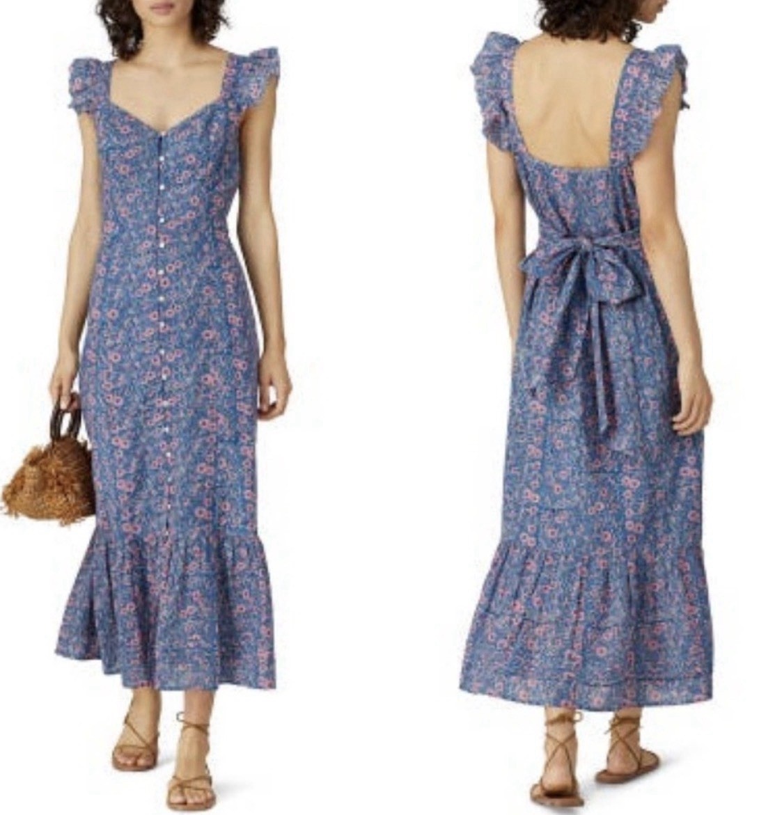Cleobella Sophia Midi Dress 100% Organic Cotton XS Ditzy Floral Ruffled Peasant
