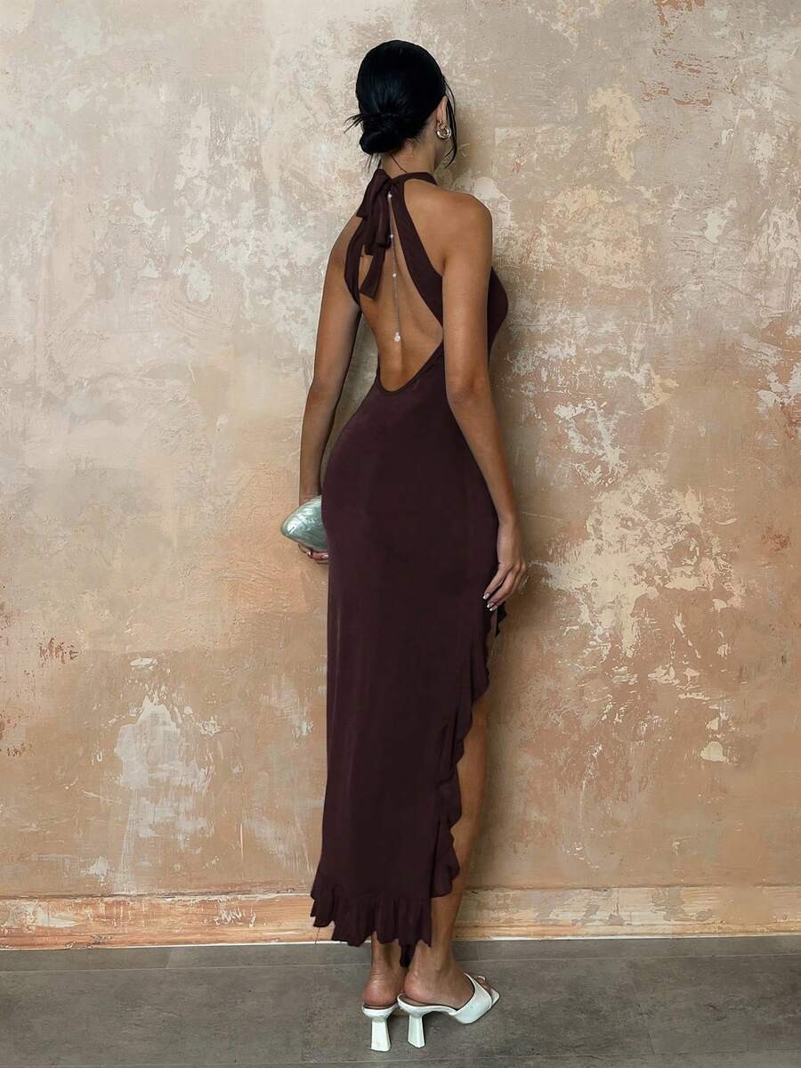 Elegant Halter Maxi Dress Backless Ruffle Bodycon Split Thigh Party Gown