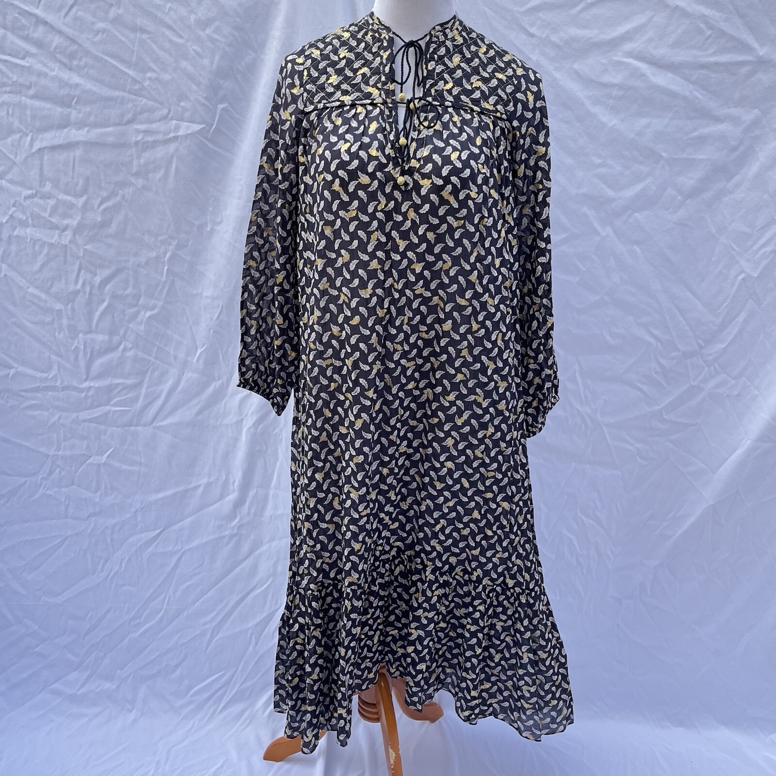 DOEN Ivana Dress Falling Leaves Metallic Gold Floral XXS Boho Whimsigoth Quilted