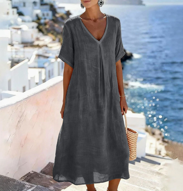 Ladies Solid V Neck Short Sleeve Cotton Linen Long Dress Loose Fit Casual Dress