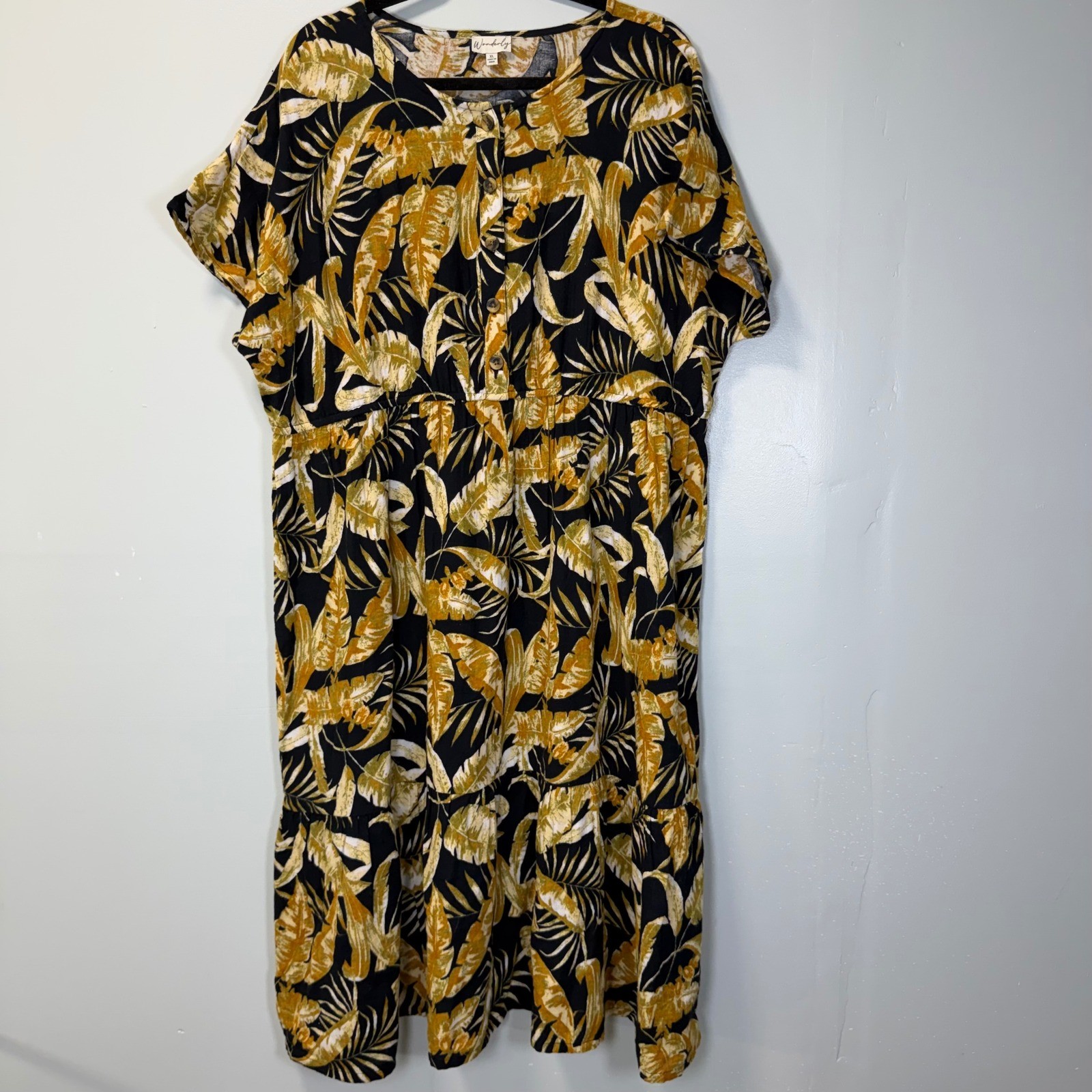 Wonderly Womens XL Tropical Palm Leaf Button Front Tiered Midi Dress 100% Cotton