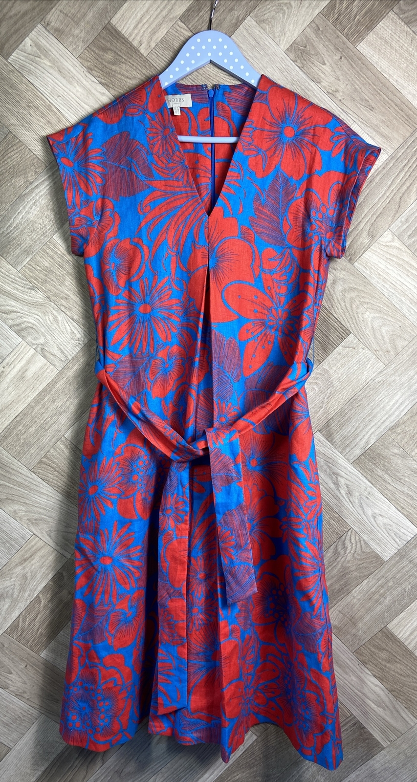 Ladies HOBBS Blue & Red Floral 100% Linen A Line Dress Summer Tie Waist Size 8