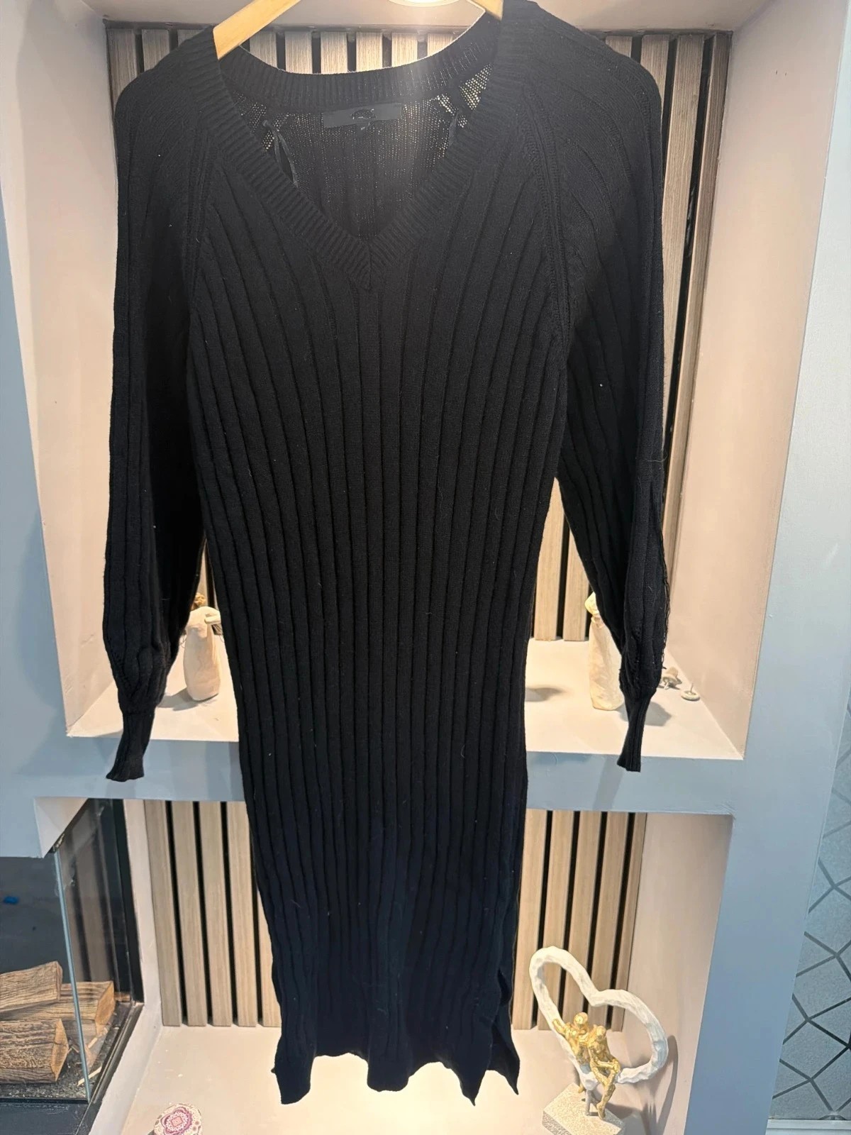 Black Ribbed Knit High Neck Long Sleeve Bodycon Midi Jumper Dress XS UK 6 Winter