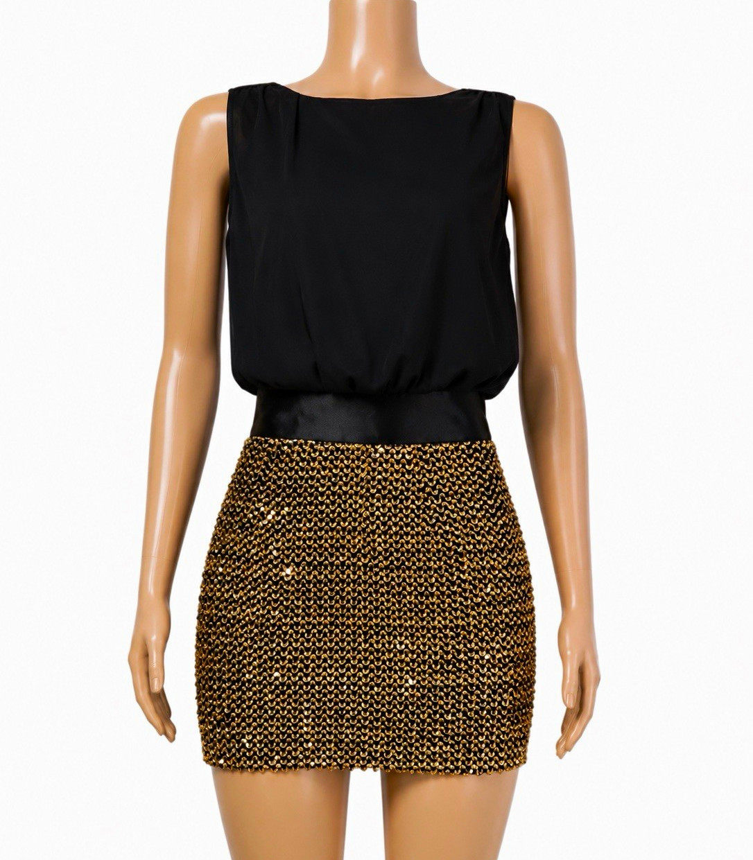 Boohoo Black/Gold Sequin Round Neck Sleeveless Mini Dress Women’s Sz S Button