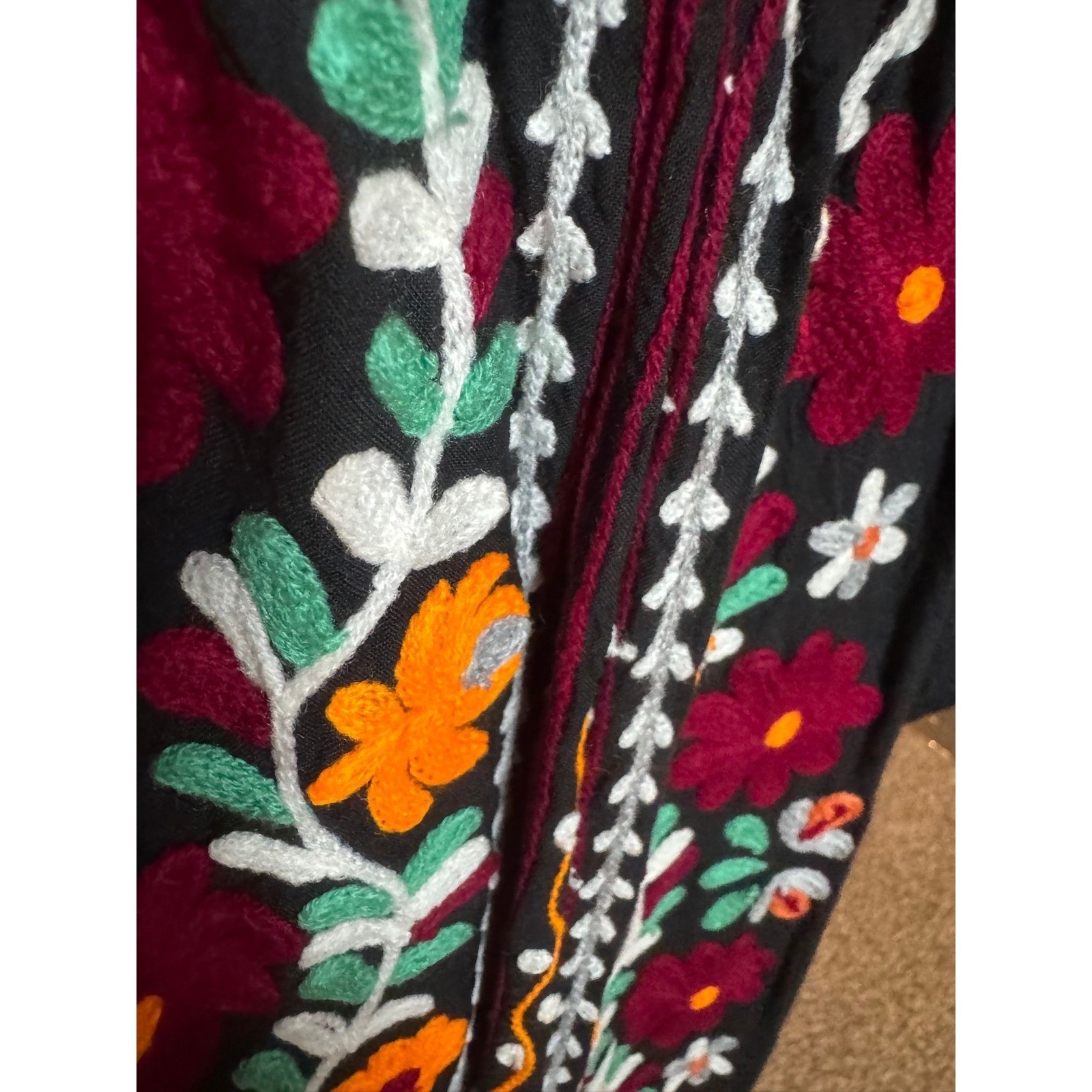 098 Pink and Silver Womens Black Floral Embroidered Boho Peasant Dress L
