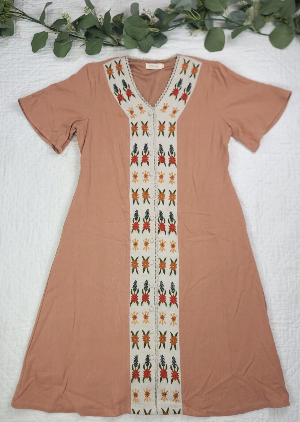 NWOT Roolee Womens Peach Embroidered Dress Short Sleeve Size L