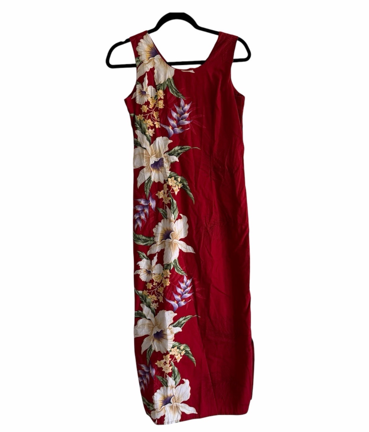 KY’S Made In Hawaii Red Tropical Floral Cotton Maxi Dress M Side Slits USA
