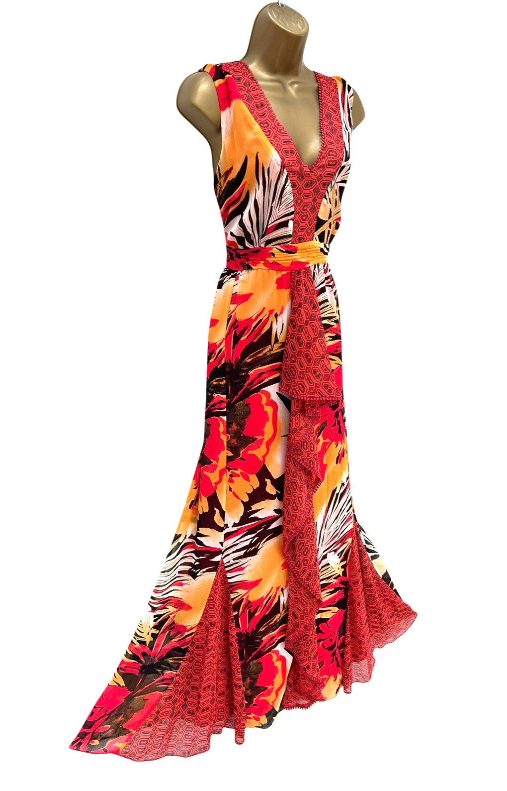 Per Una Maxi Dress Size 18 Long Orange Red Sleeveless Belted Full Length M&S